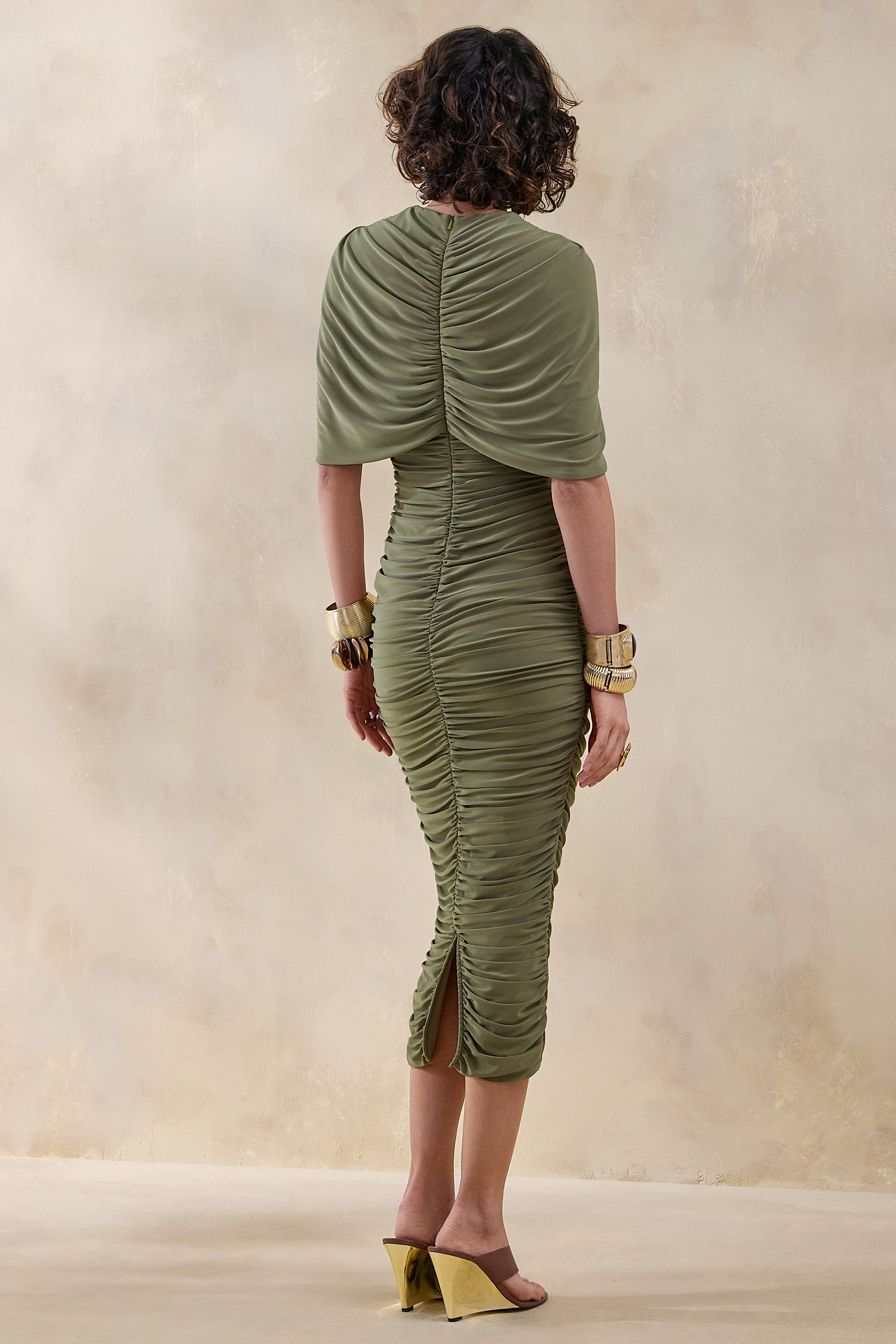 Parisia | Olive Round-Neck Midi Dress With Cape-Detail