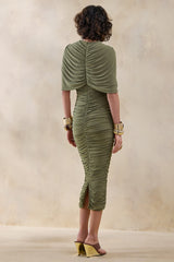 Parisia | Olive Round-Neck Midi Dress With Cape-Detail