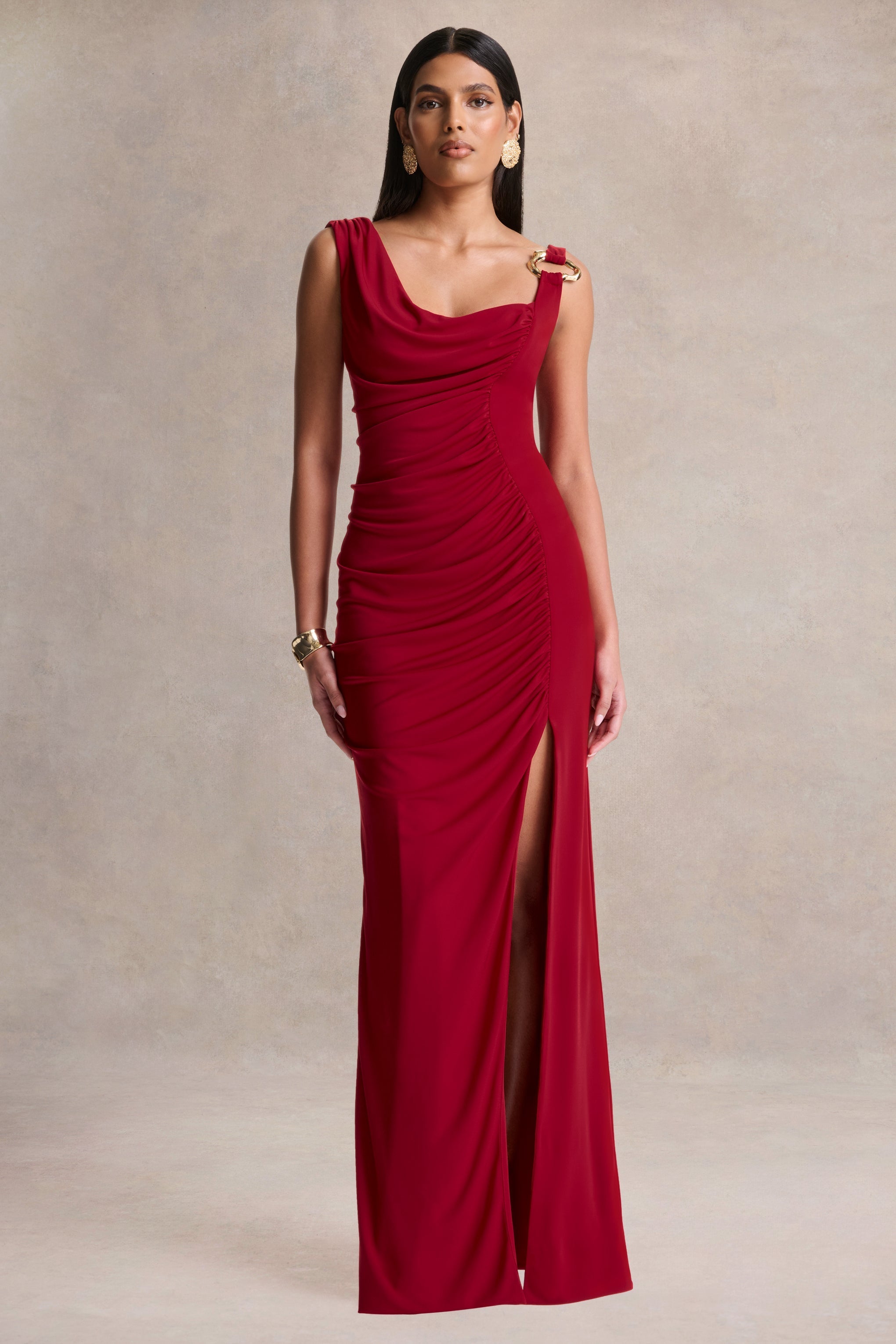 Vesperelle | Red Scoop-Neck Maxi Dress With Gathered-Detailing