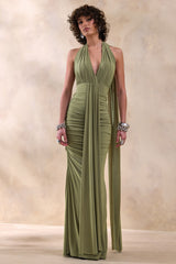 Roselani | Olive Halter-Neck Maxi Dress With Open-Back