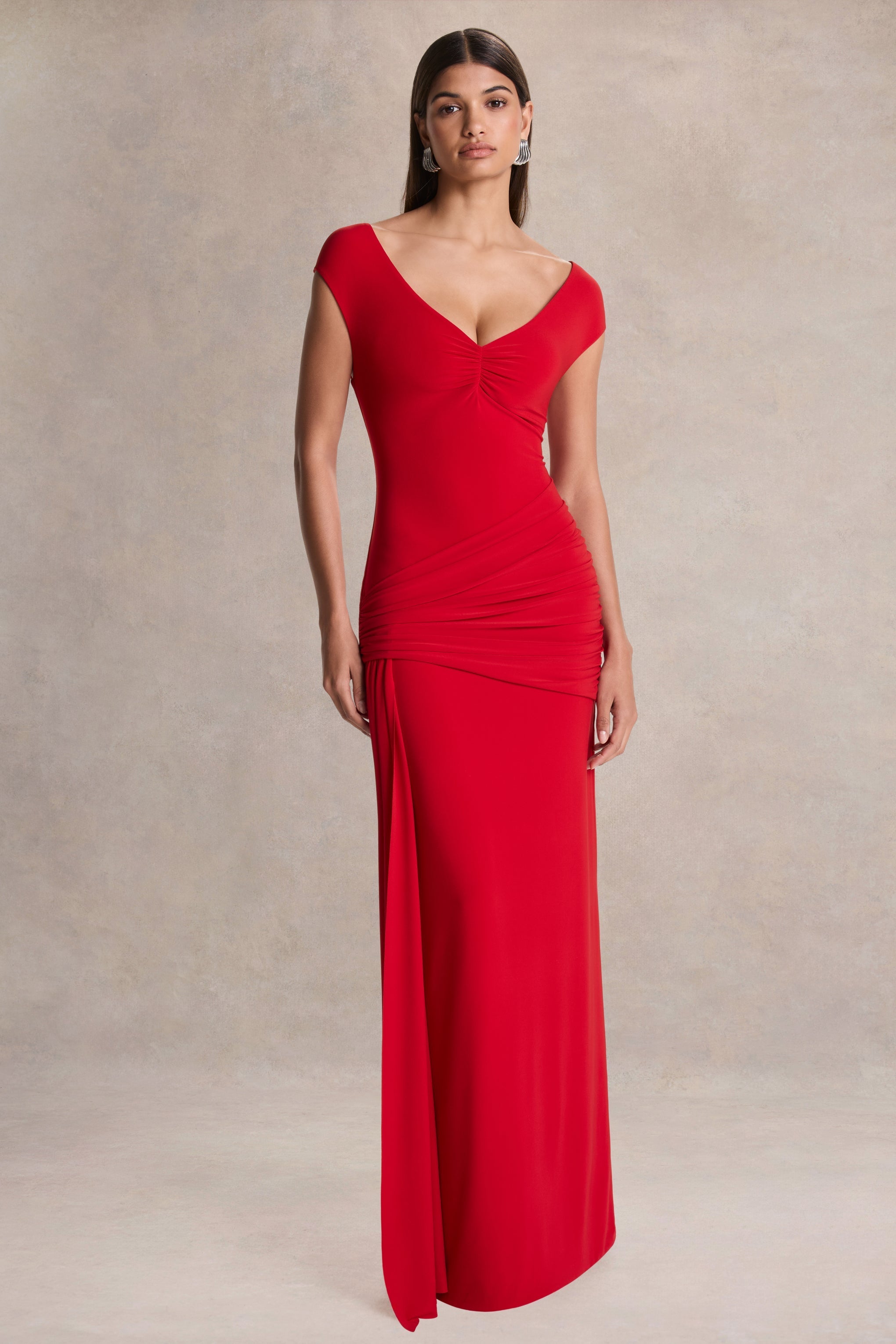 Petronia | Red V-Neck Maxi Dress With Wrap-Detail