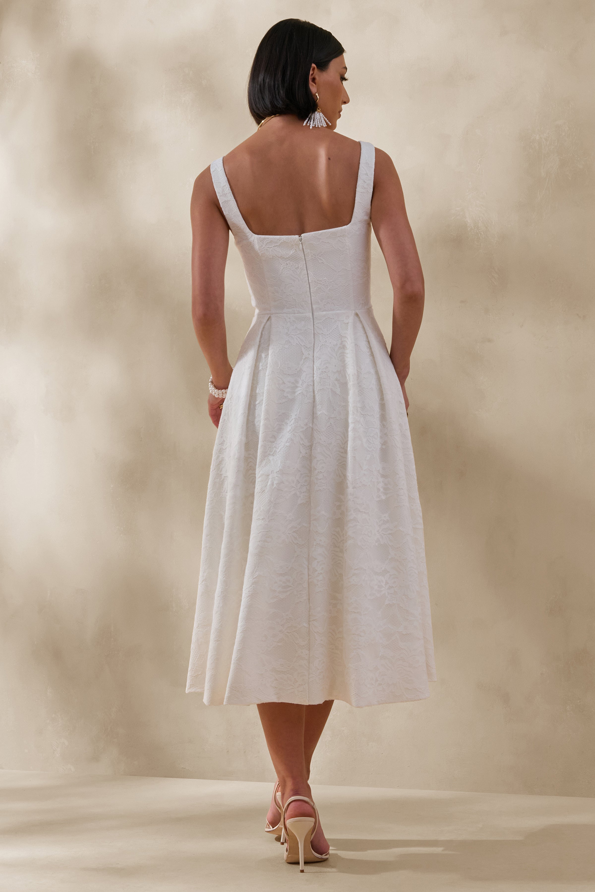 Ashmara | White Lace Square-Neck Midi Dress