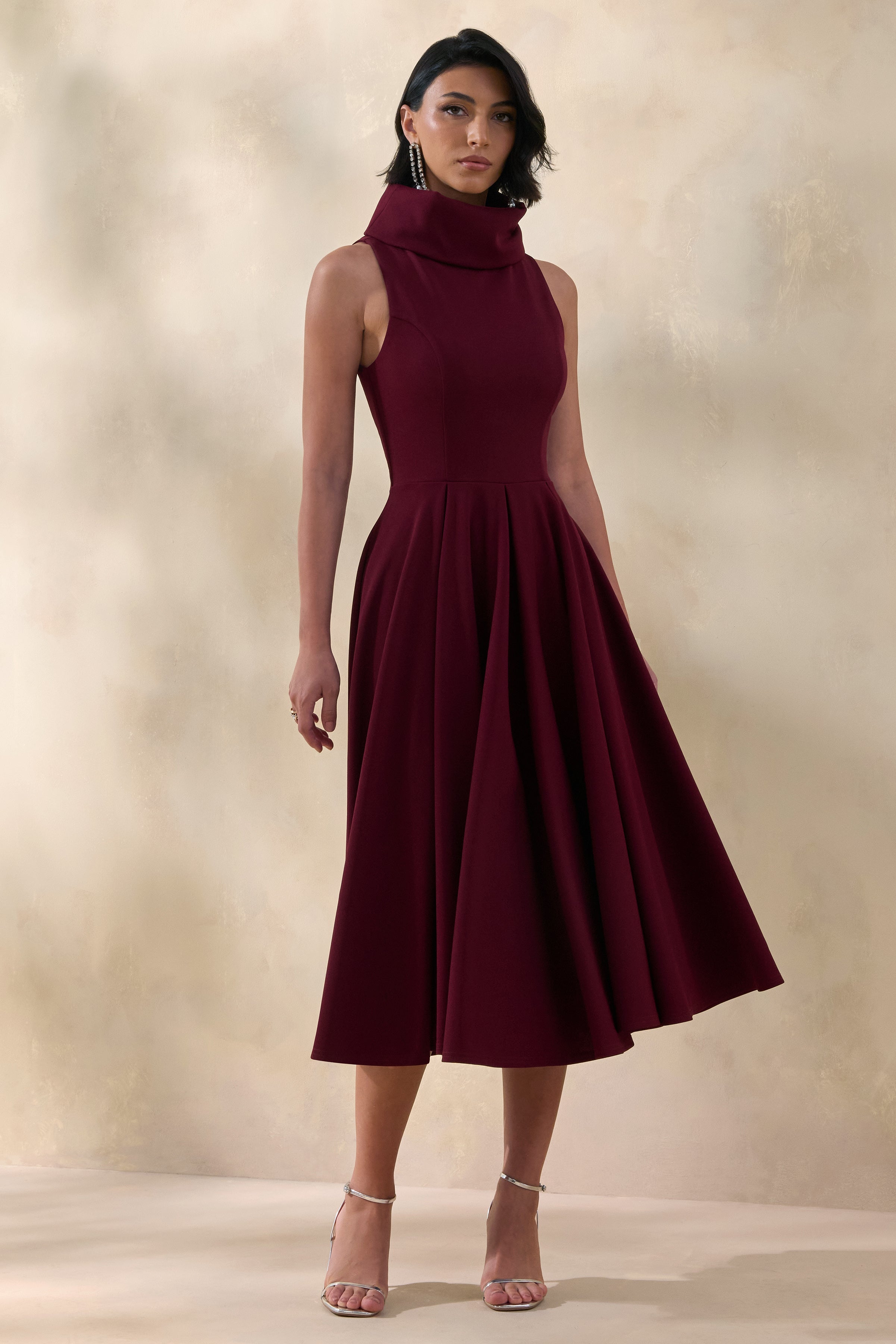 Exclusivity | Burgundy High-Neck Midi Dress