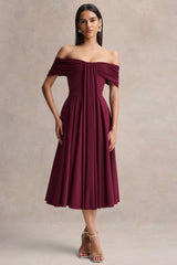 Dearest | Burgundy Bardot-Neck Midi Dress