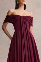 Dearest | Burgundy Bardot-Neck Midi Dress