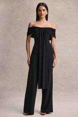 Kalida | Black Bardot-Neck Jumpsuit With Sash-Detail
