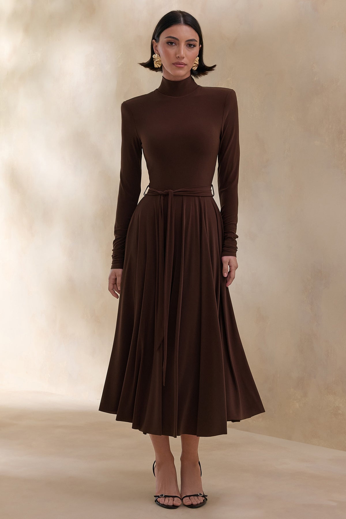 Opalia | Brown High-Neck Belted Midi Dress