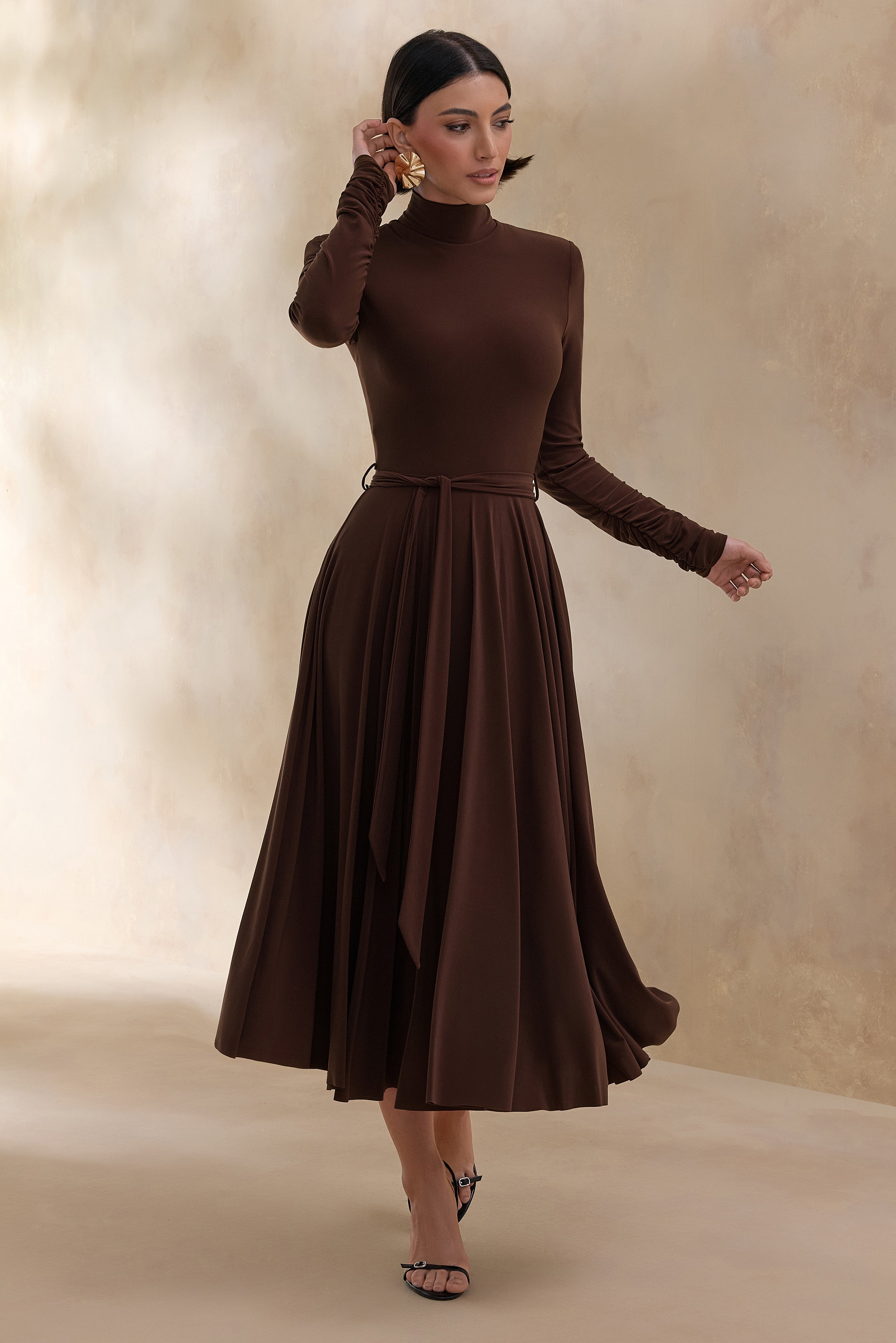 Opalia | Brown High-Neck Belted Midi Dress