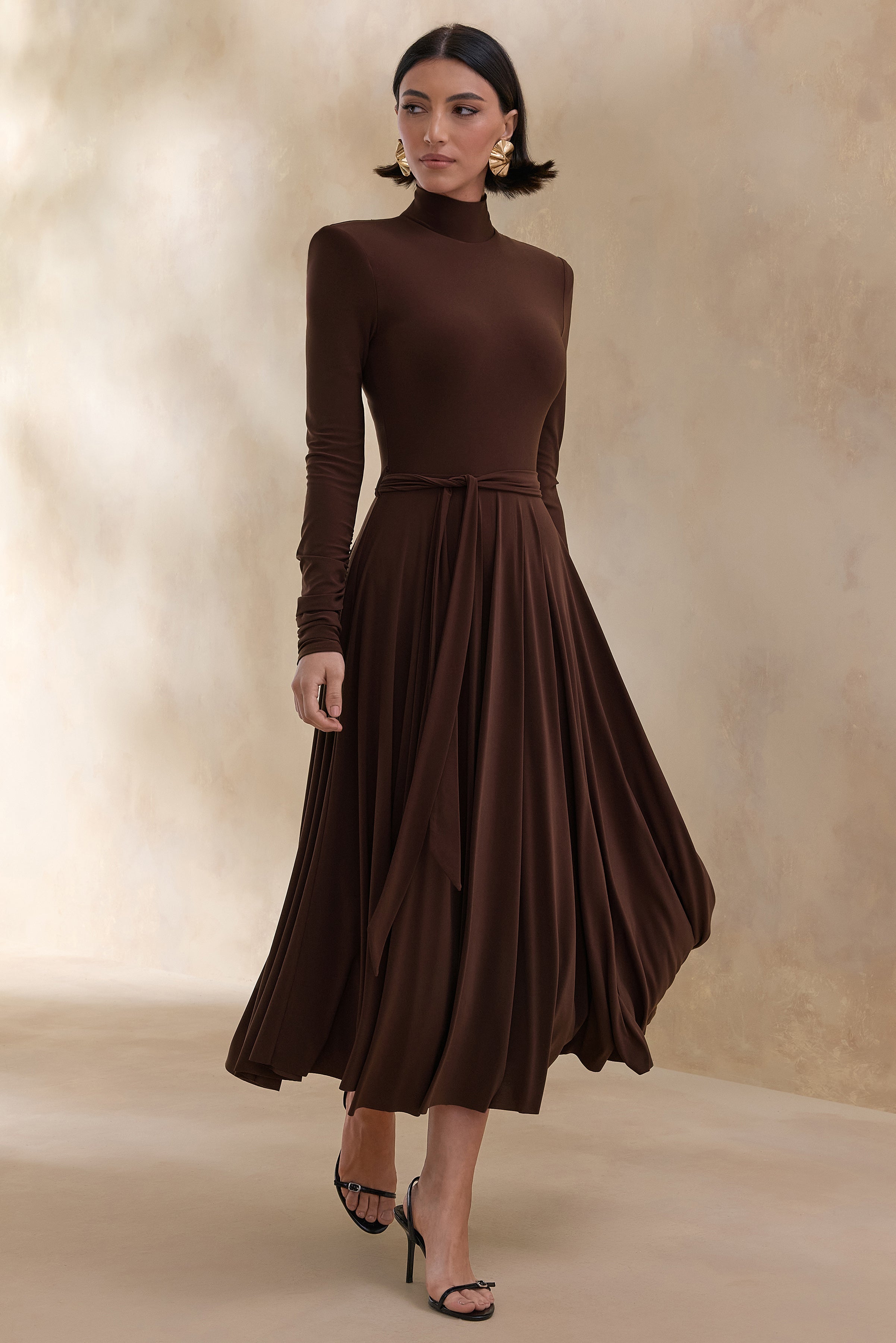 Opalia | Brown High-Neck Belted Midi Dress