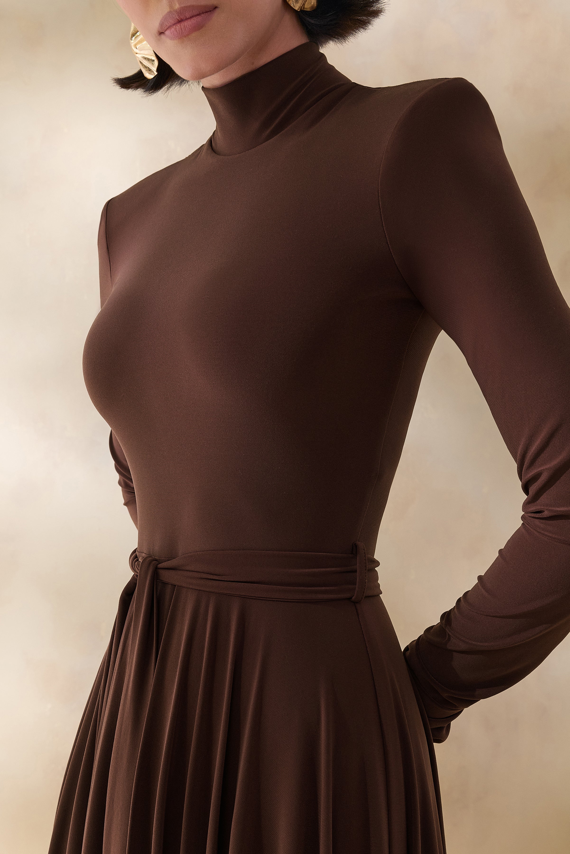 Opalia | Brown High-Neck Belted Midi Dress