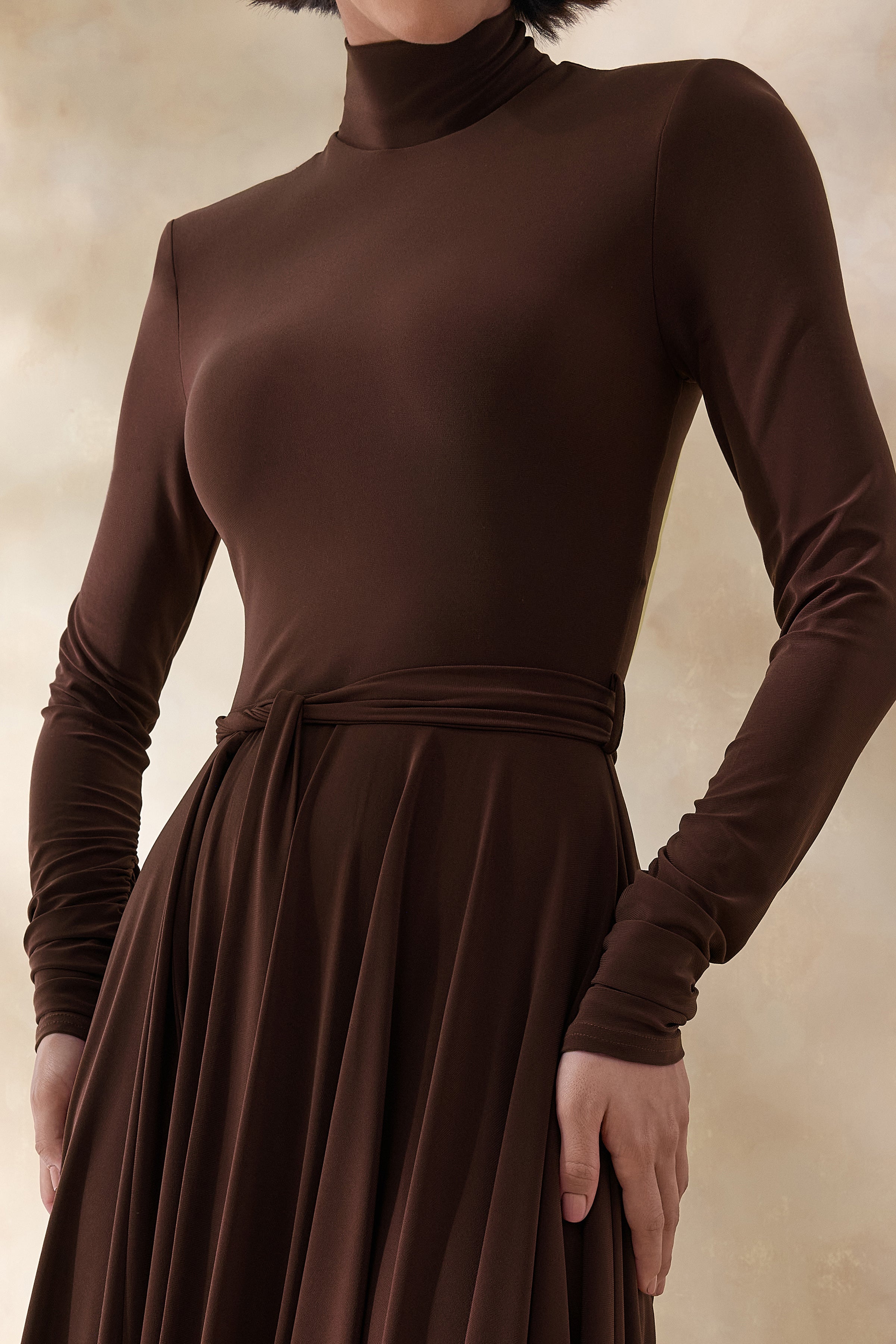 Opalia | Brown High-Neck Belted Midi Dress