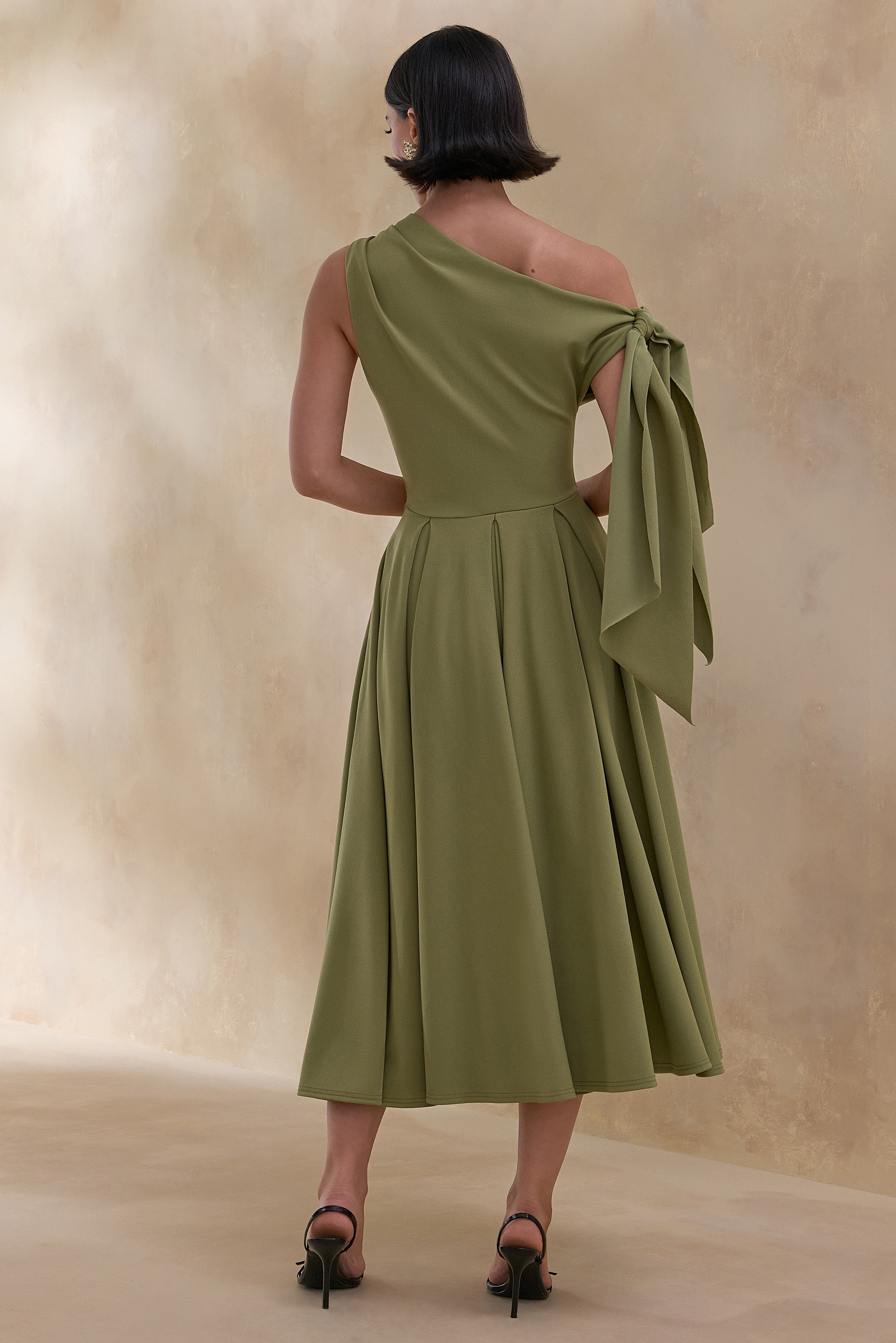Daring | Olive Asymmetric-Neck Midi Dress With Knot-Detail