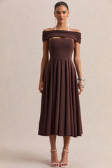 Mavina | Brown Bardot-Neck Midi Dress