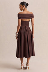 Mavina | Brown Bardot-Neck Midi Dress