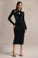 Francine | Black Velvet Round-Neck Midi Dress With Cut-Out Details