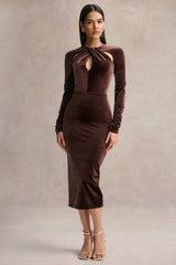 Francine | Brown Velvet Round-Neck Midi Dress With Cut-Out Details
