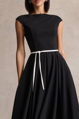 Nataline | Black Round-Neck Midi Dress With White Belt-Detail