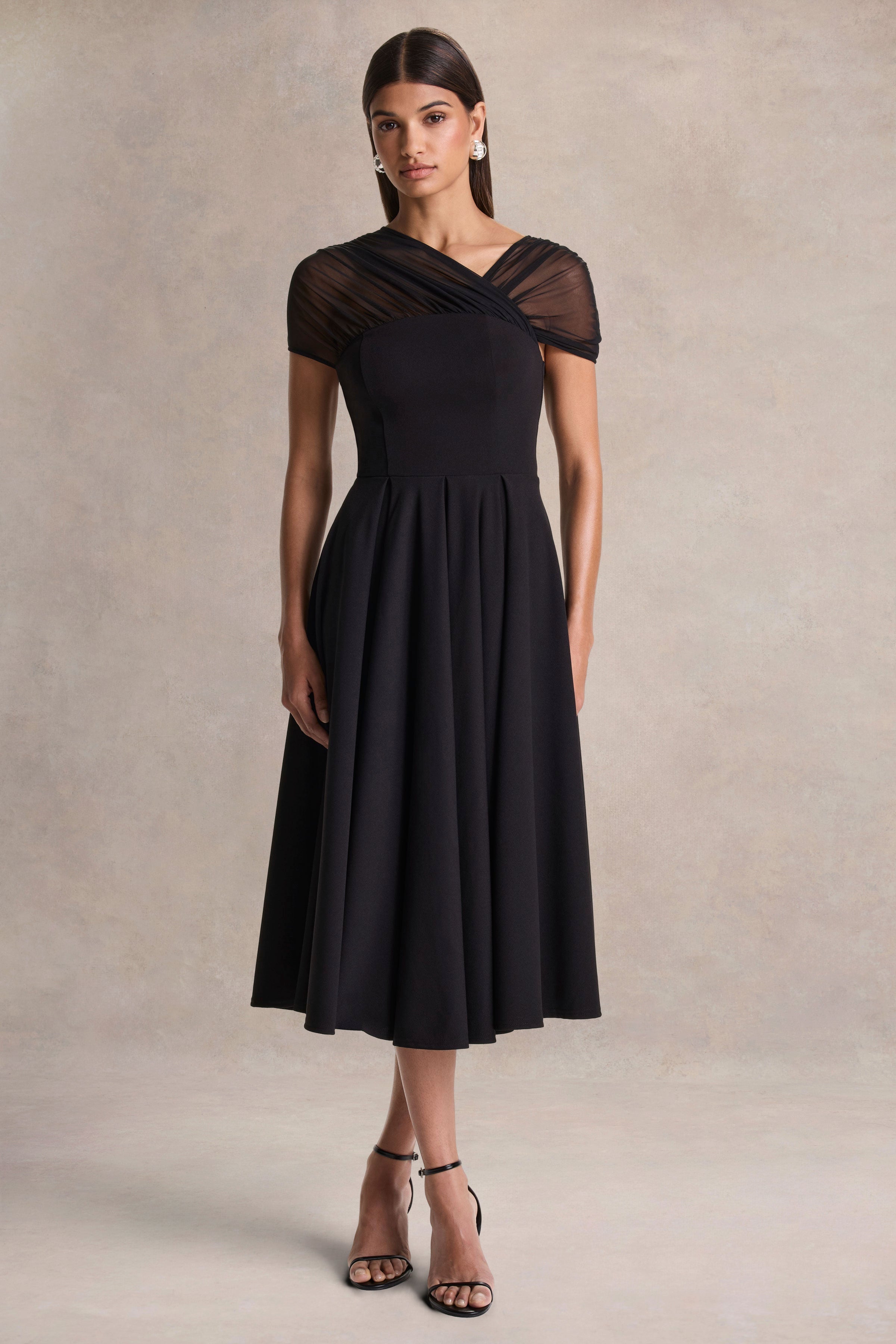 Rosette | Black Asymmetric-Neck Midi Dress
