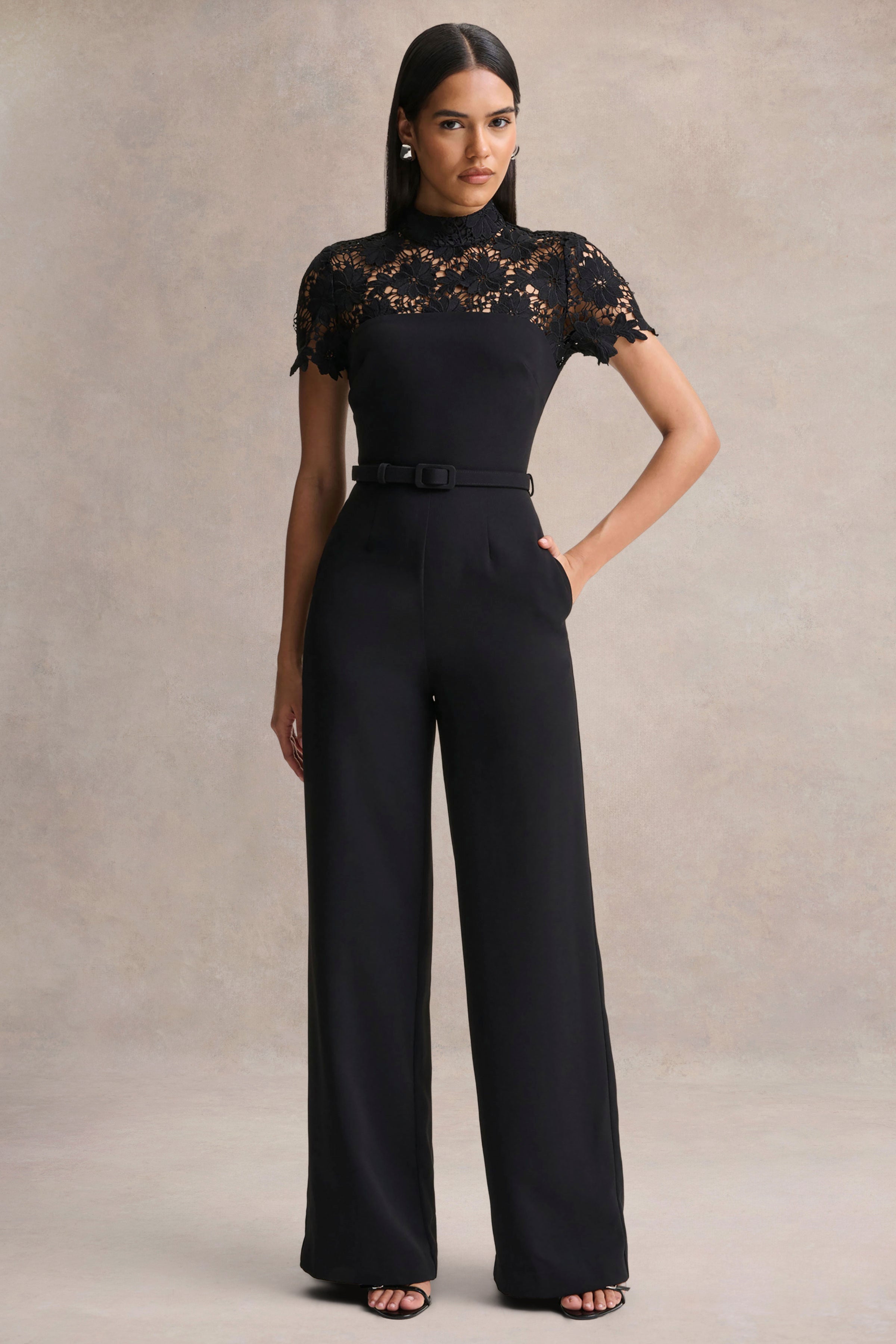 Orlina | Black High-Neck Jumpsuit With Lace Detailing
