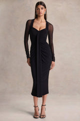 Rosetta | Black Sweetheart-Neck Midi Dress With Sheer-Sleeves