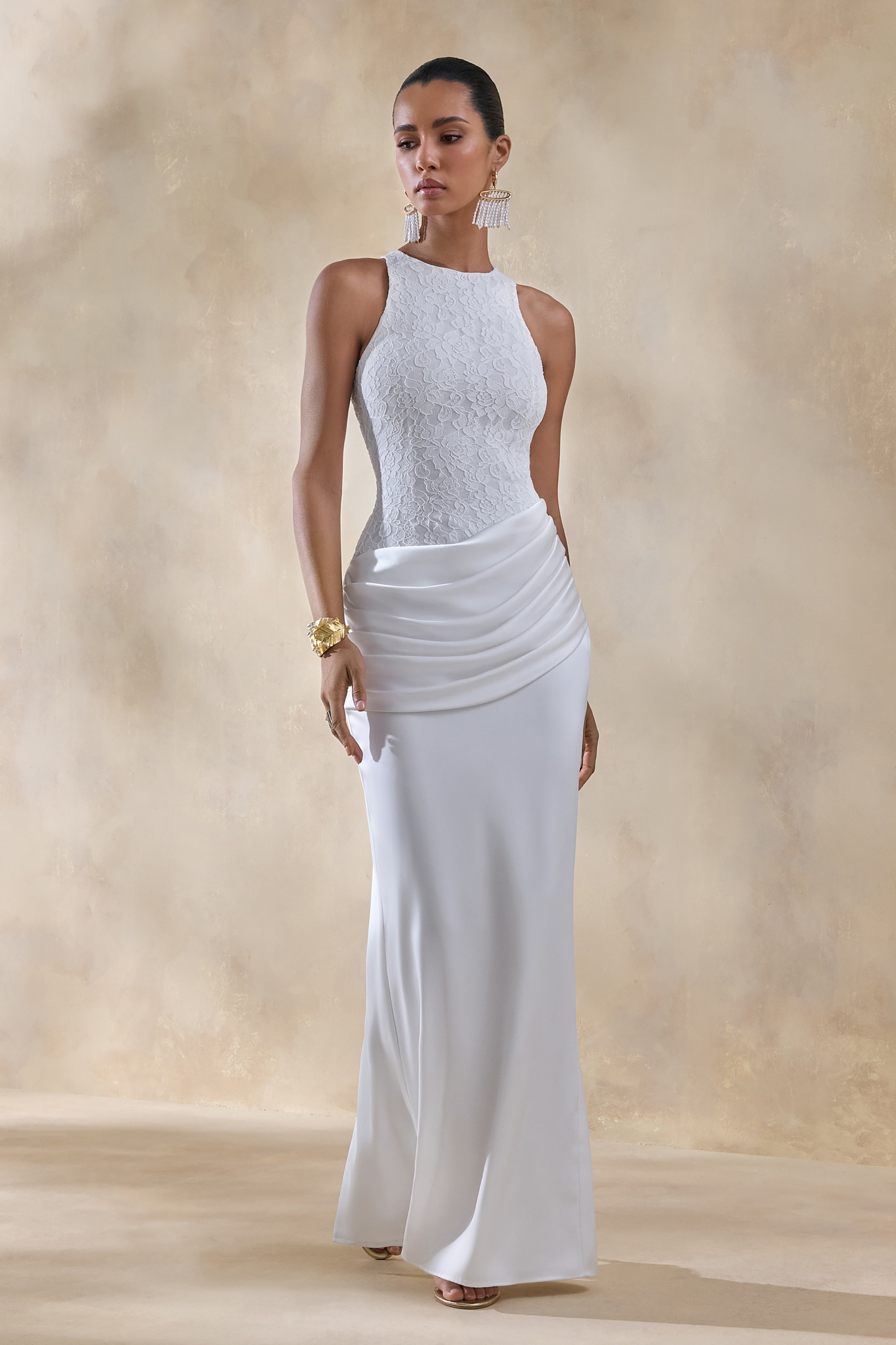 Neria | White Satin And Lace Crew-Neck Maxi Dress With Draped Wrap-Skirt