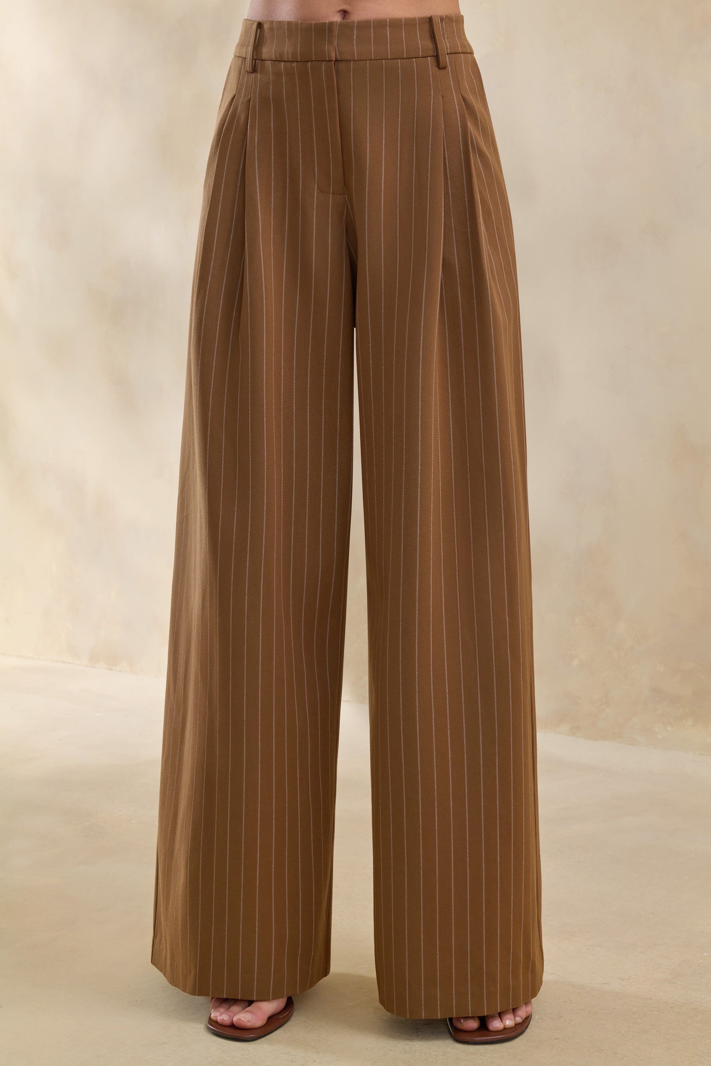 Meliva | Brown Pinstripe Wide-Leg Tailored Trouser