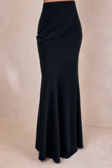 Vayla | Black Matte Satin Asymmetric Drop-Waist Maxi Skirt