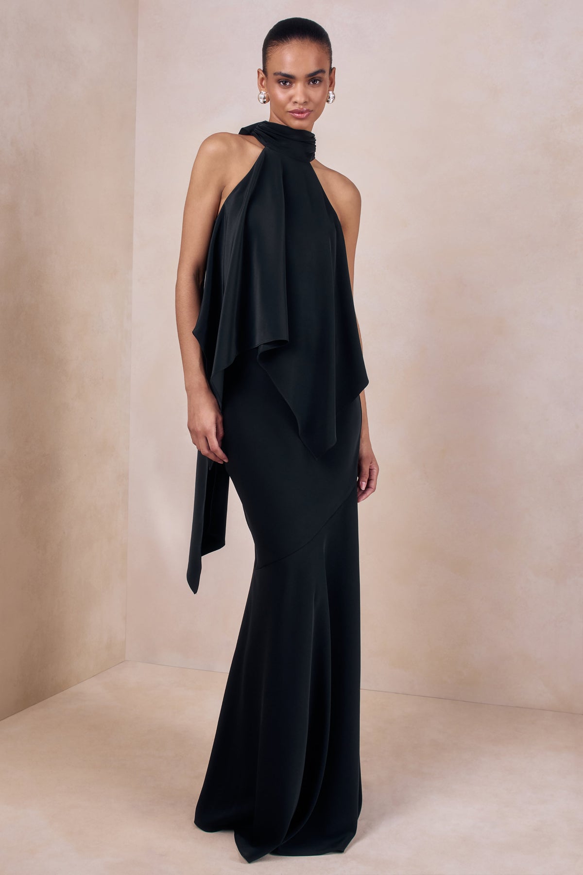 Vayla | Black Matte Satin Asymmetric Drop-Waist Maxi Skirt