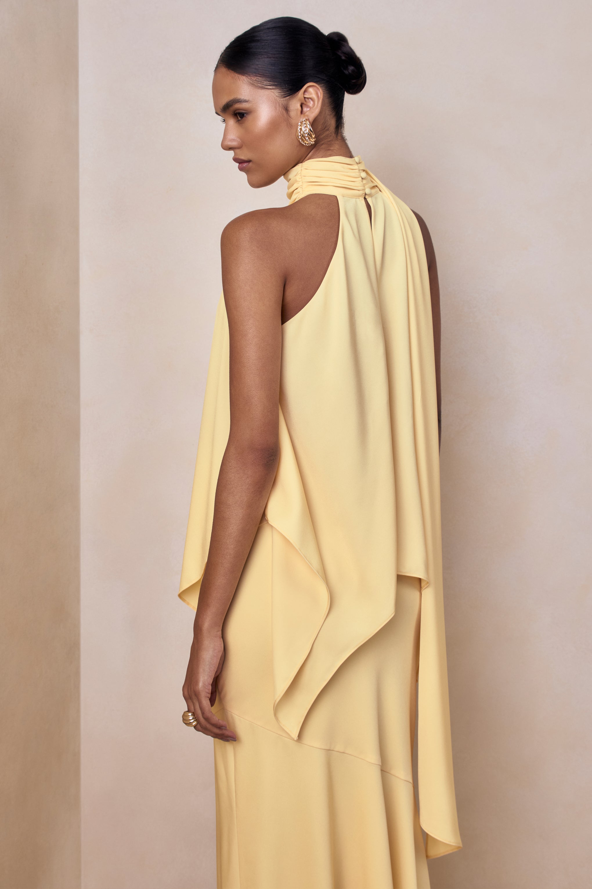 Vayla | Lemon Matte Satin Asymmetric Drop-Waist Maxi Skirt