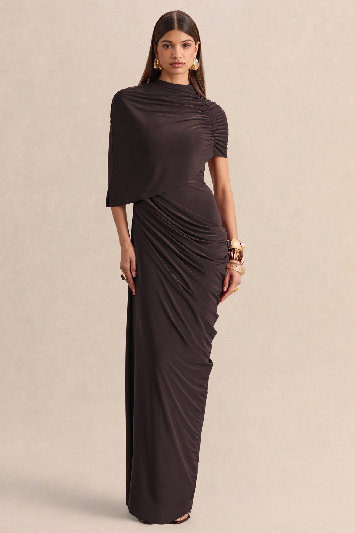 Lunaline | Brown High-Neck Maxi Dress With Asymmetric Cape And Draped-Detailing