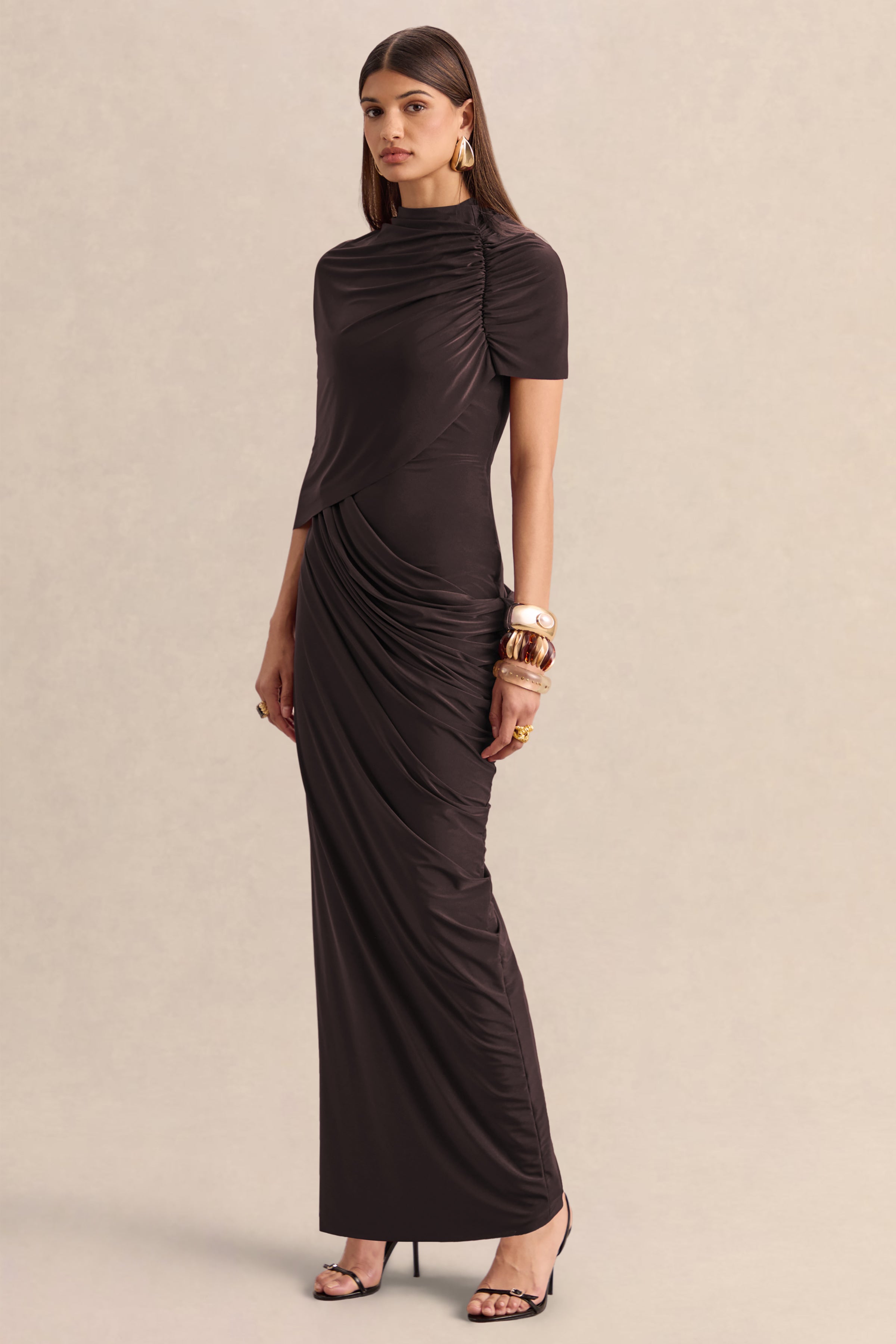 Lunaline | Brown High-Neck Maxi Dress With Asymmetric Cape And Draped-Detailing