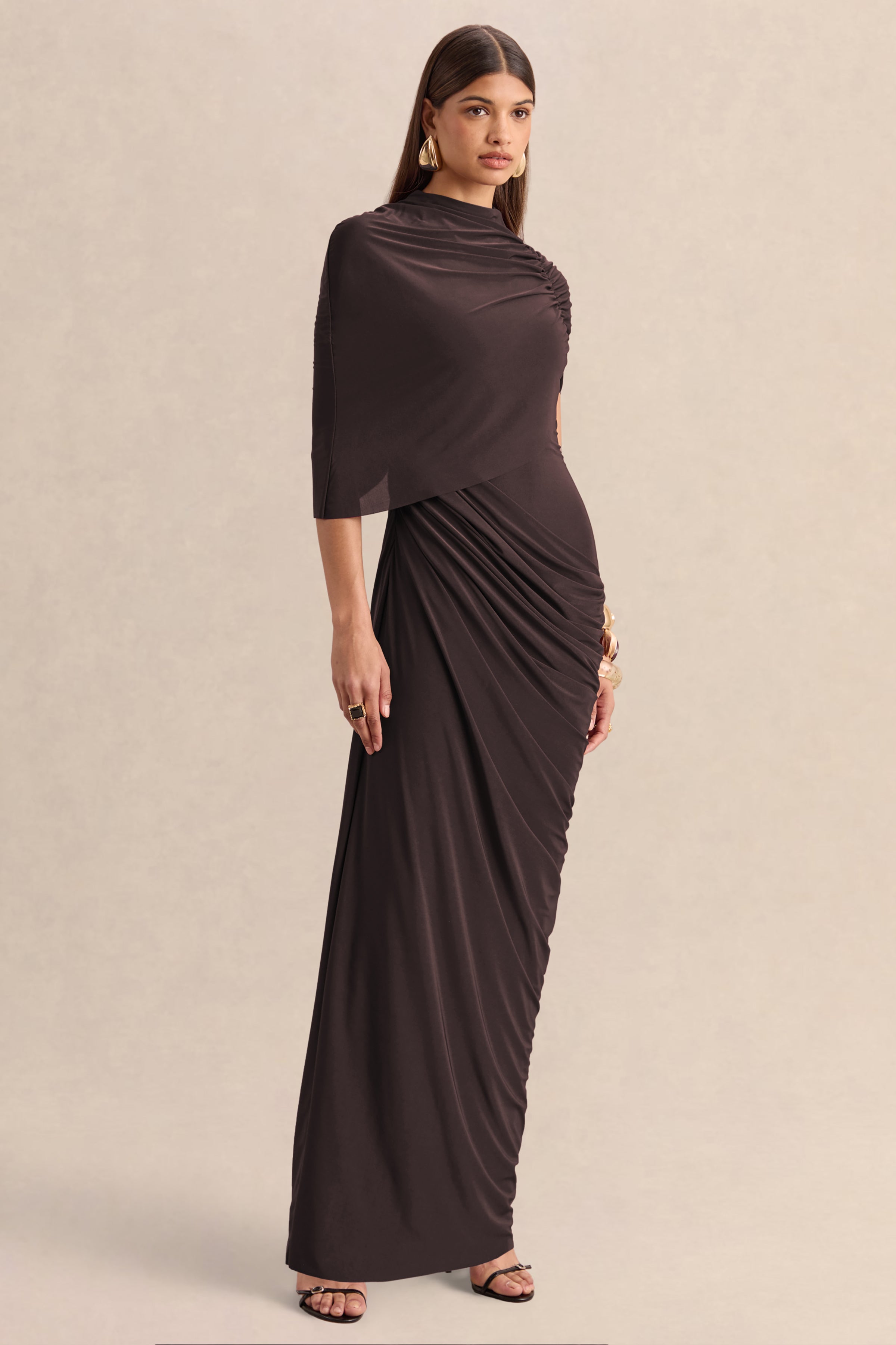 Lunaline | Brown High-Neck Maxi Dress With Asymmetric Cape And Draped-Detailing