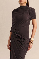Lunaline | Brown High-Neck Maxi Dress With Asymmetric Cape And Draped-Detailing