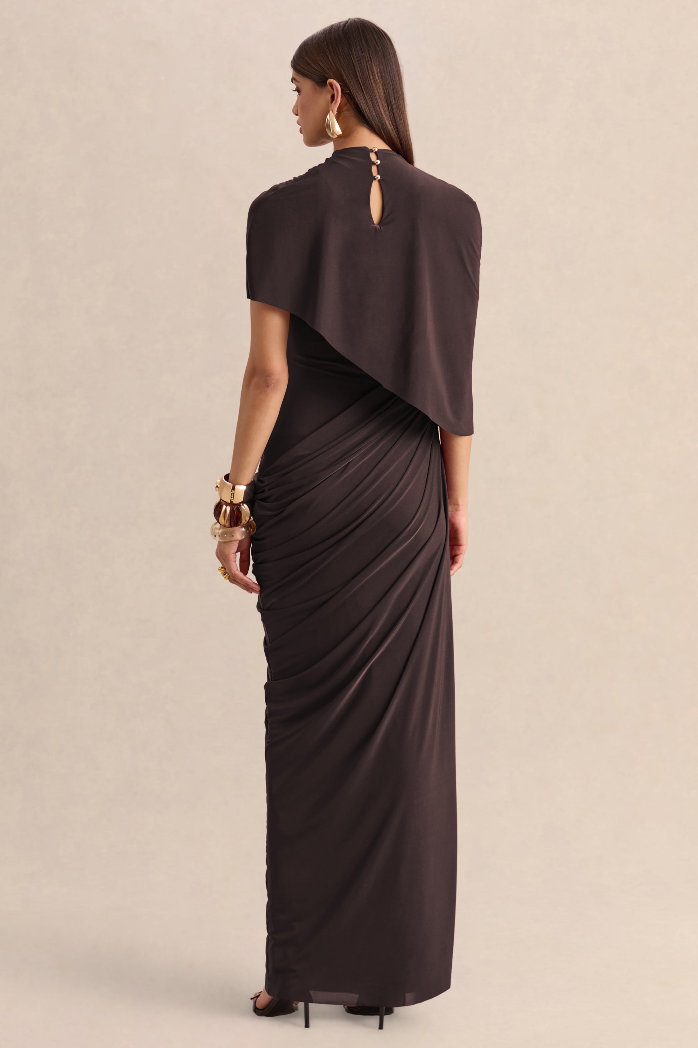 Lunaline | Brown High-Neck Maxi Dress With Asymmetric Cape And Draped-Detailing