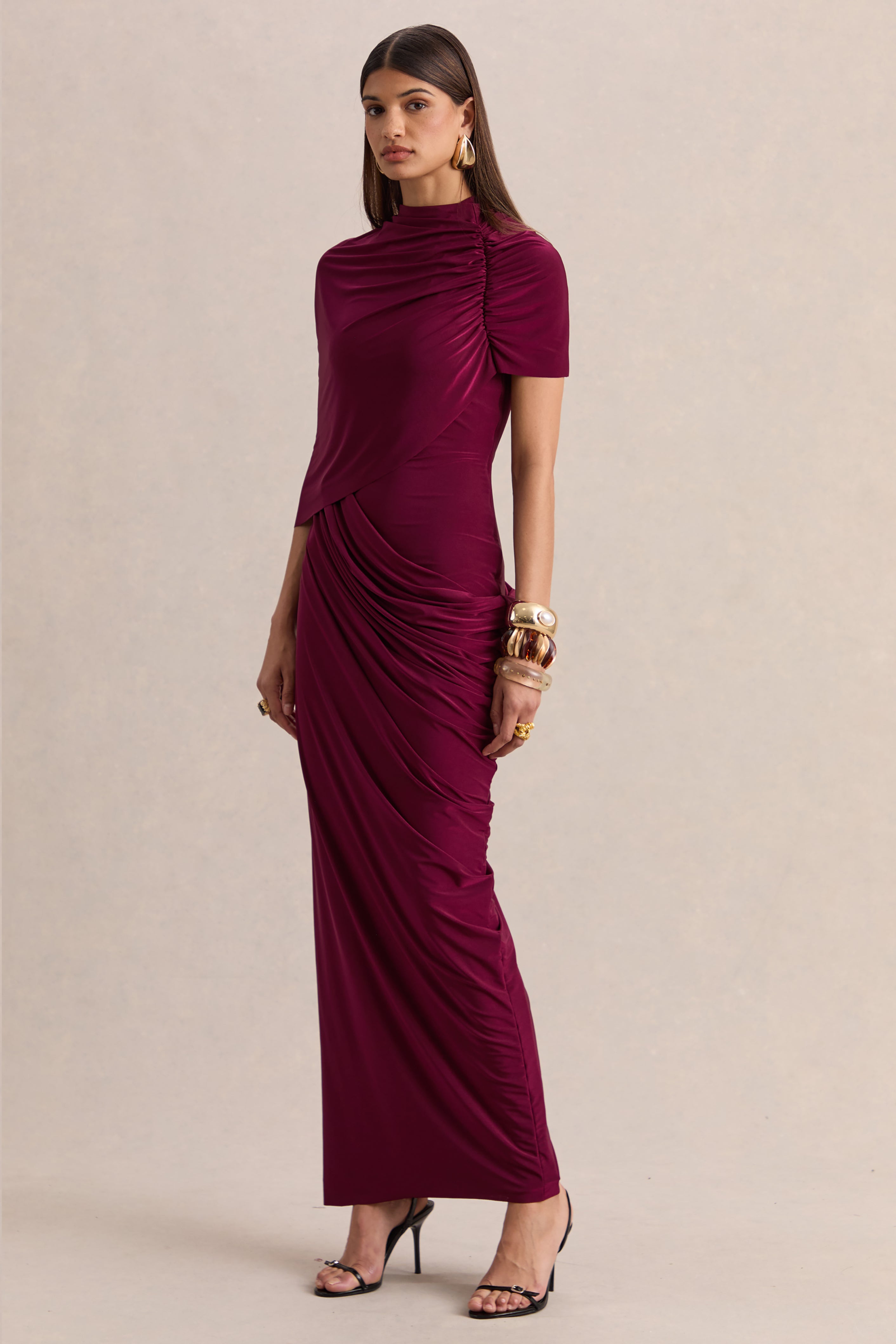 Lunaline | Burgundy High-Neck Maxi Dress With Asymmetric Cape And Draped-Detailing