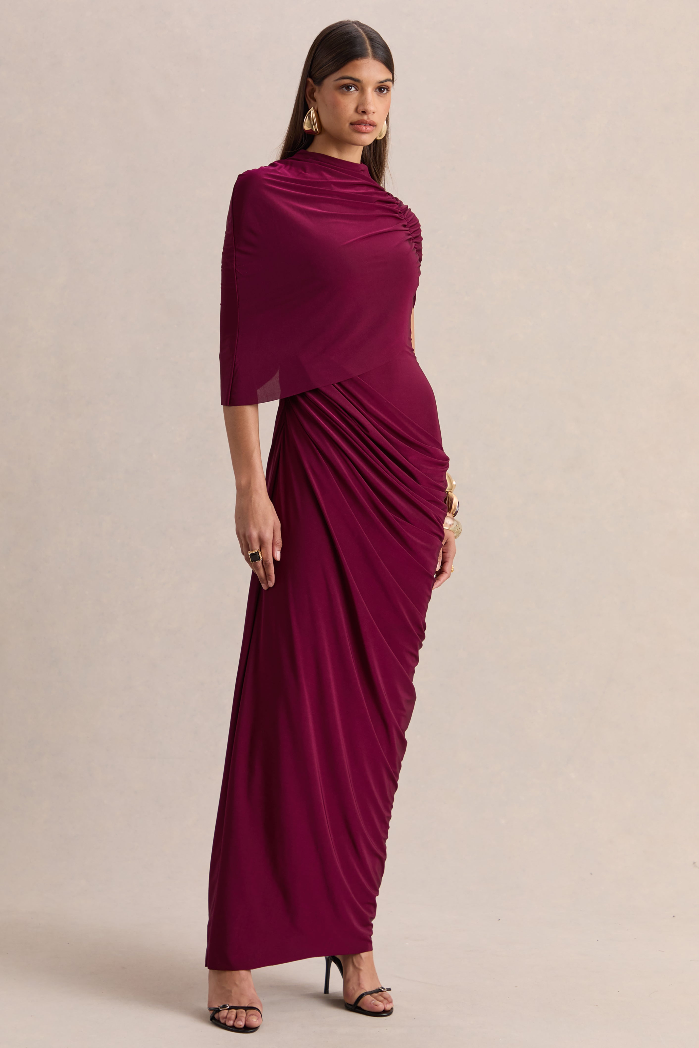 Lunaline | Burgundy High-Neck Maxi Dress With Asymmetric Cape And Draped-Detailing