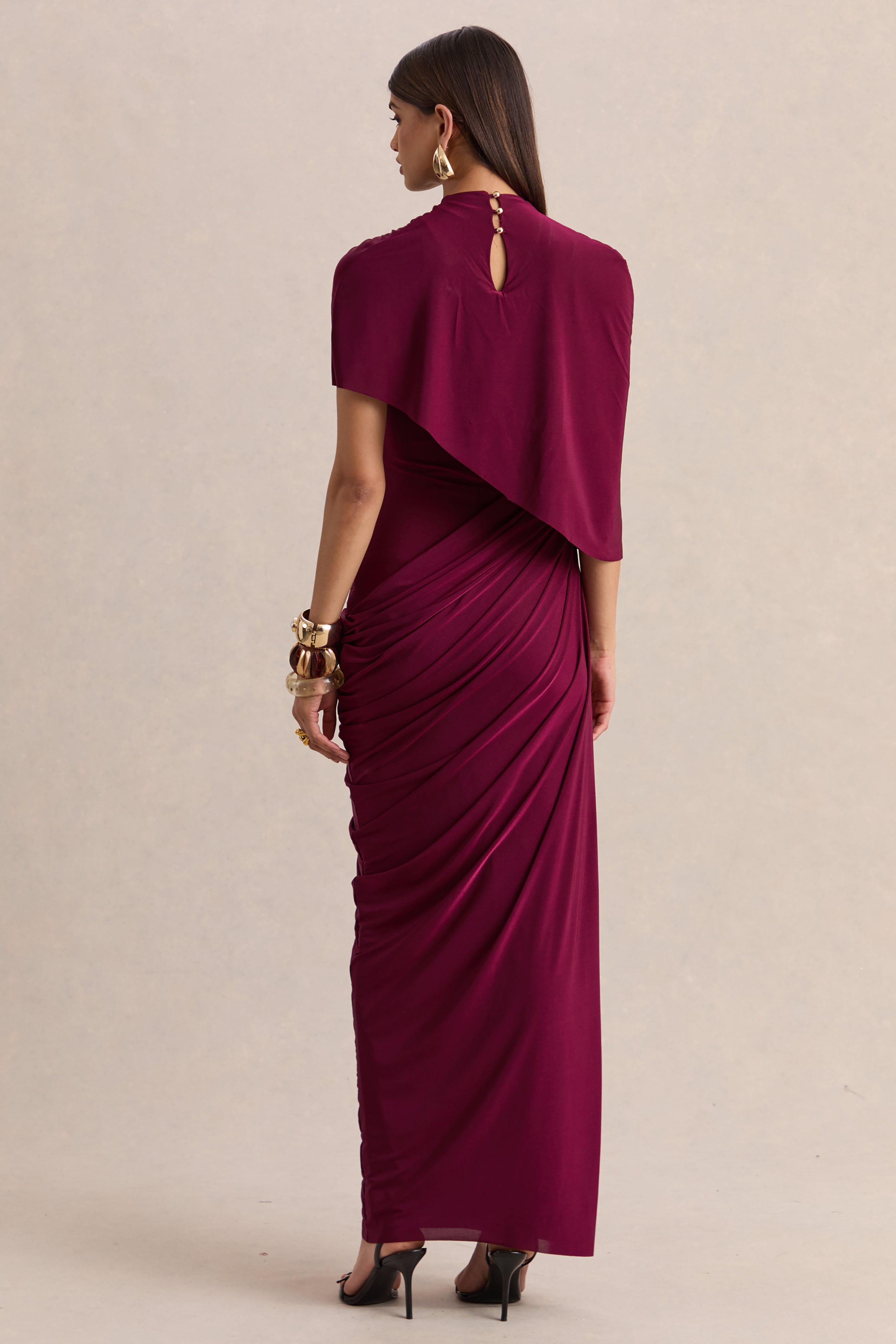 Lunaline | Burgundy High-Neck Maxi Dress With Asymmetric Cape And Draped-Detailing
