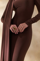 Amaria | Brown High-Neck Maxi Dress With Sash-Detail