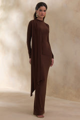 Amaria | Brown High-Neck Maxi Dress With Sash-Detail