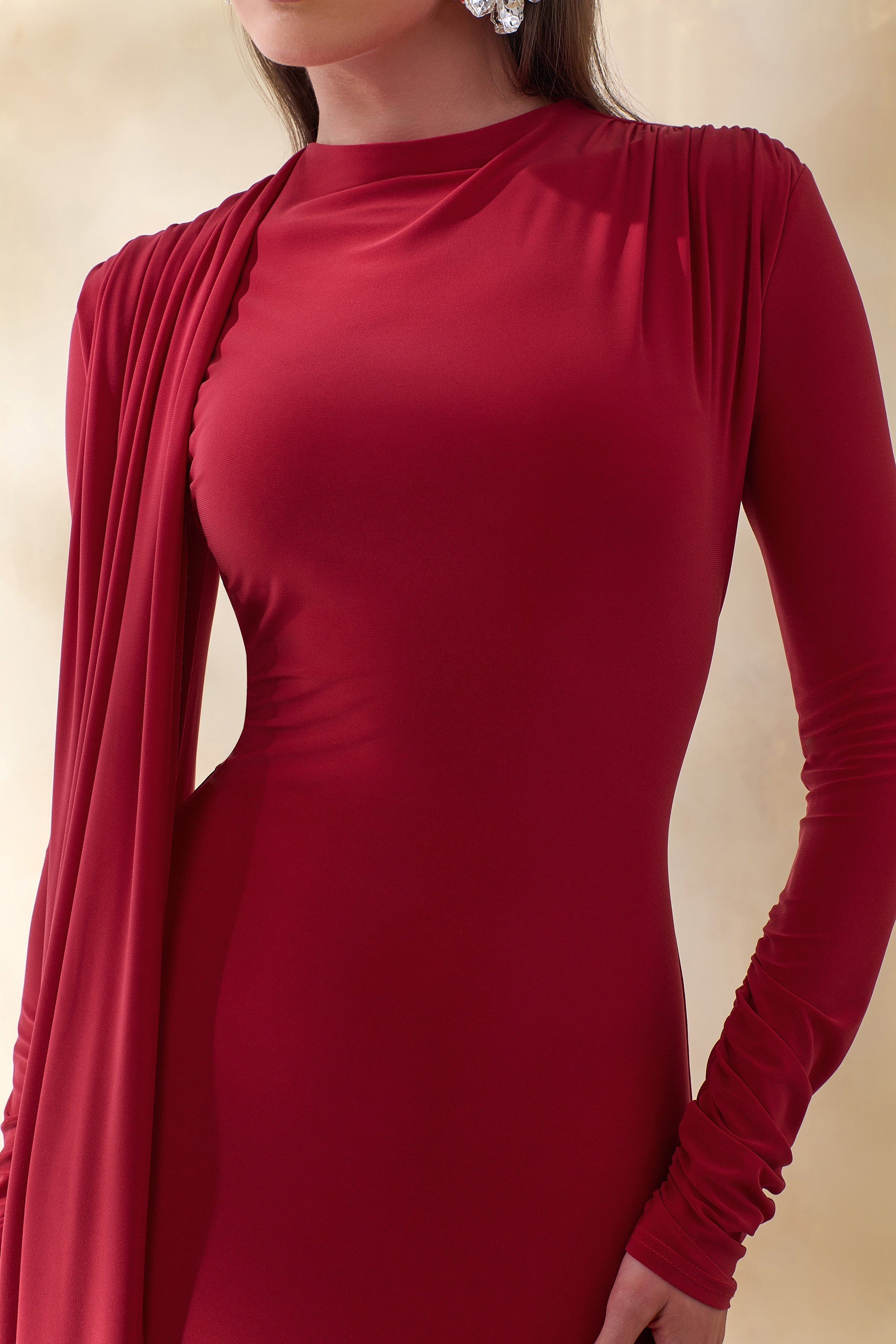 Amaria | Red High-Neck Maxi Dress With Sash-Detail