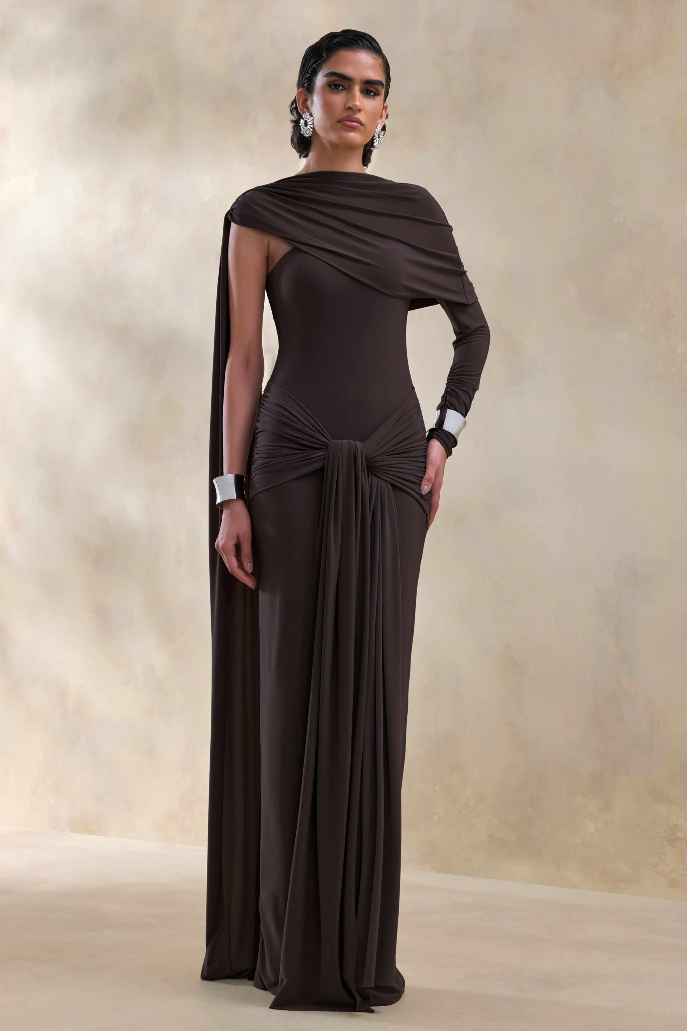 Trisara | Brown Asymmetric-Neck Maxi Dress With Gathered-Detailing And Sash