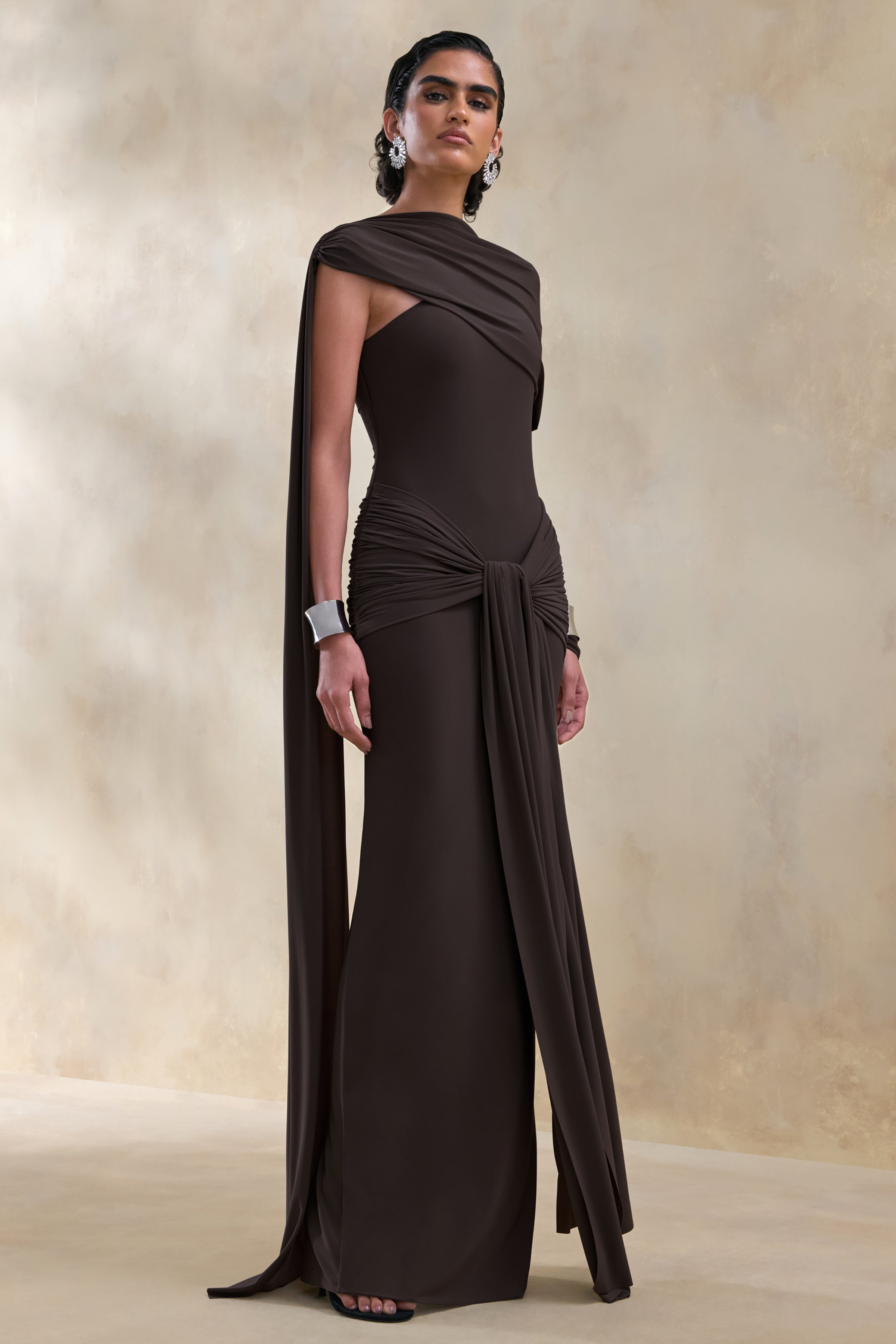 Trisara | Brown Asymmetric-Neck Maxi Dress With Gathered-Detailing And Sash
