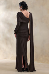 Trisara | Brown Asymmetric-Neck Maxi Dress With Gathered-Detailing And Sash