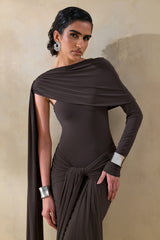 Trisara | Brown Asymmetric-Neck Maxi Dress With Gathered-Detailing And Sash