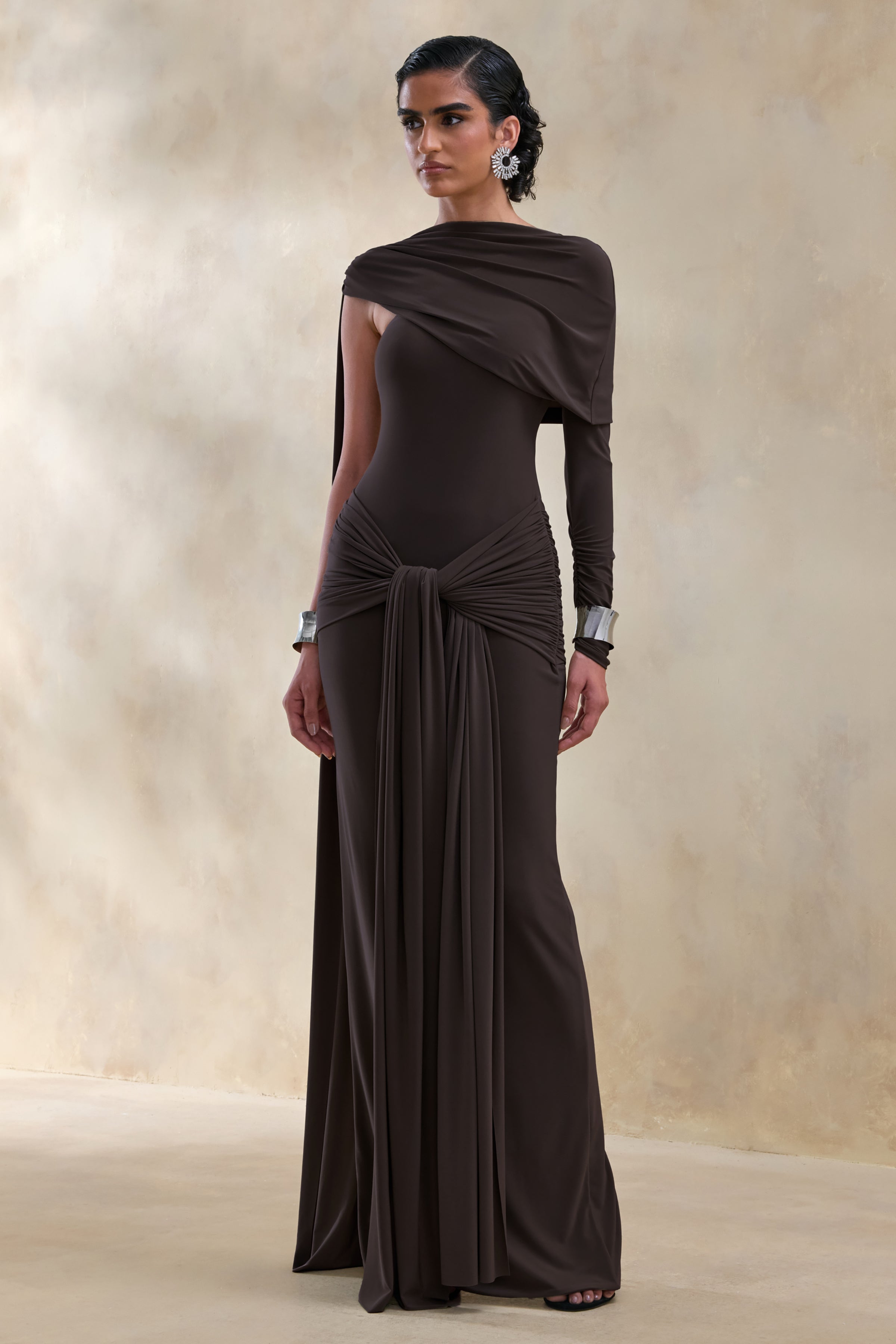 Trisara | Brown Asymmetric-Neck Maxi Dress With Gathered-Detailing And Sash