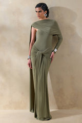 Trisara | Olive Asymmetric-Neck Maxi Dress With Gathered-Detailing And Sash