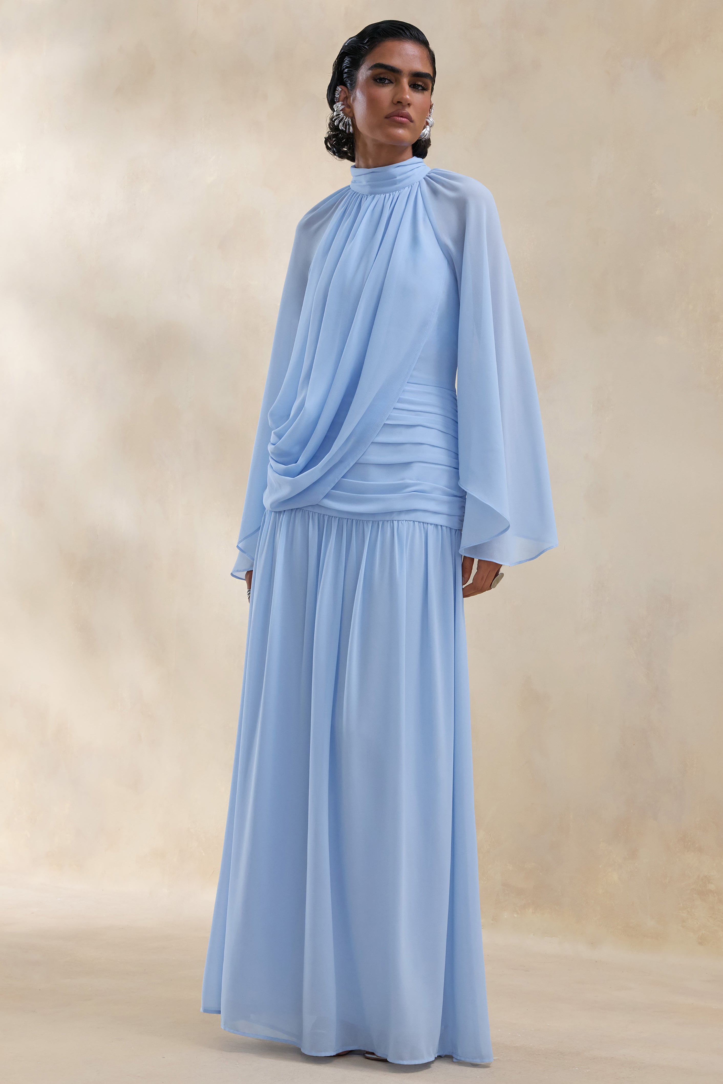Narella | Blue Chiffon High-Neck Maxi Dress With Draped-Detailing