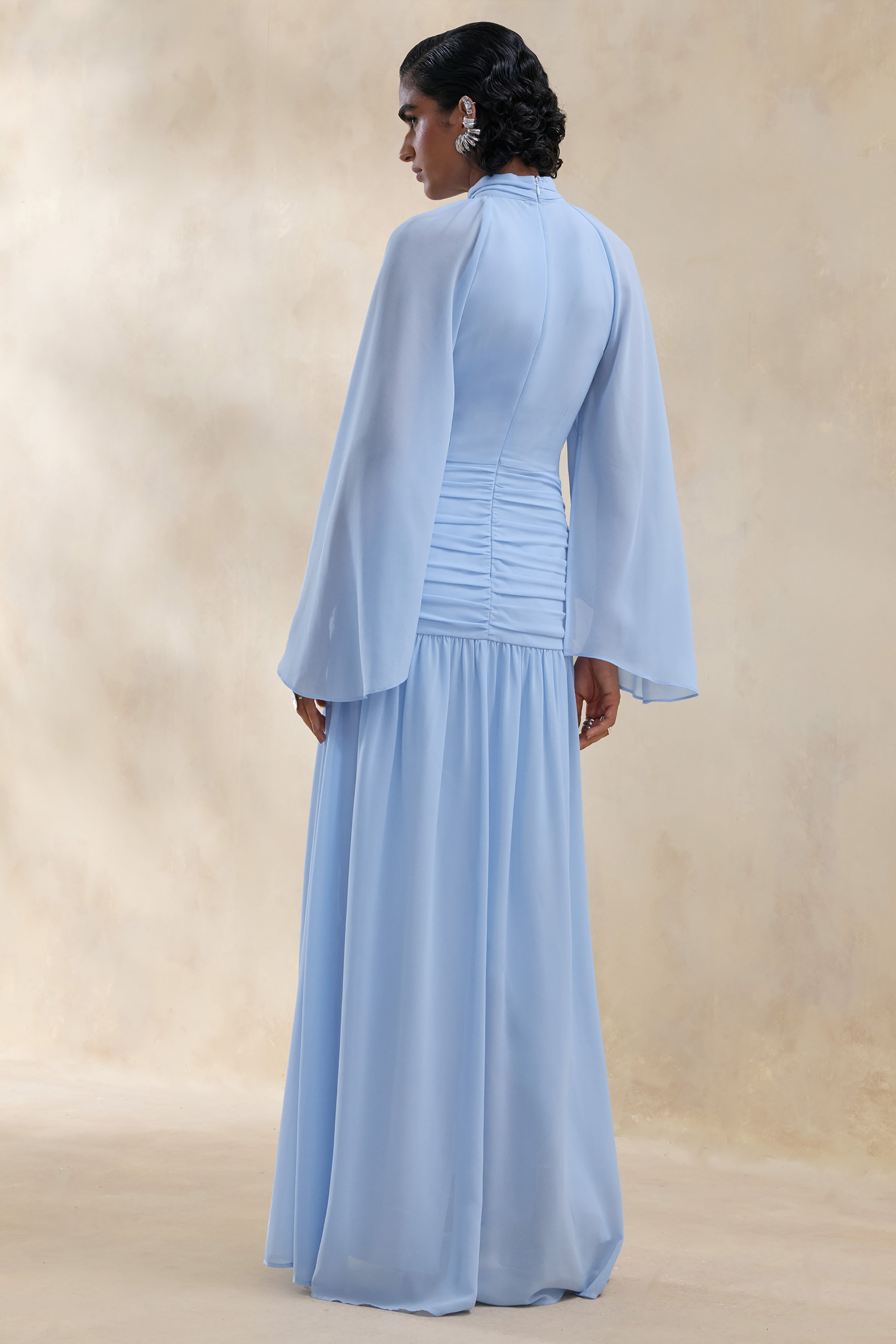 Narella | Blue Chiffon High-Neck Maxi Dress With Draped-Detailing