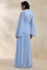 Narella | Blue Chiffon High-Neck Maxi Dress With Draped-Detailing