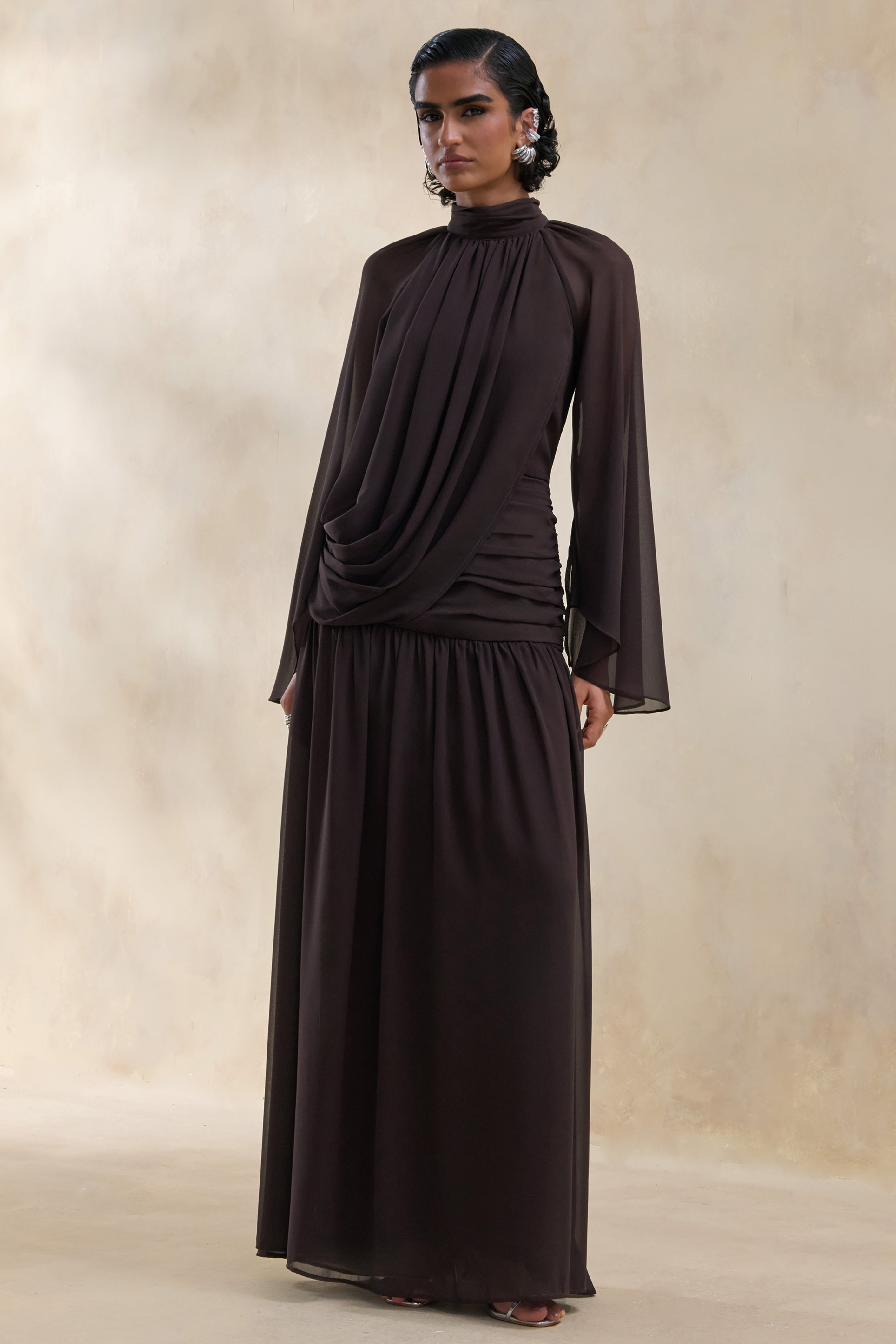 Narella | Brown Chiffon High-Neck Maxi Dress With Draped-Detailing